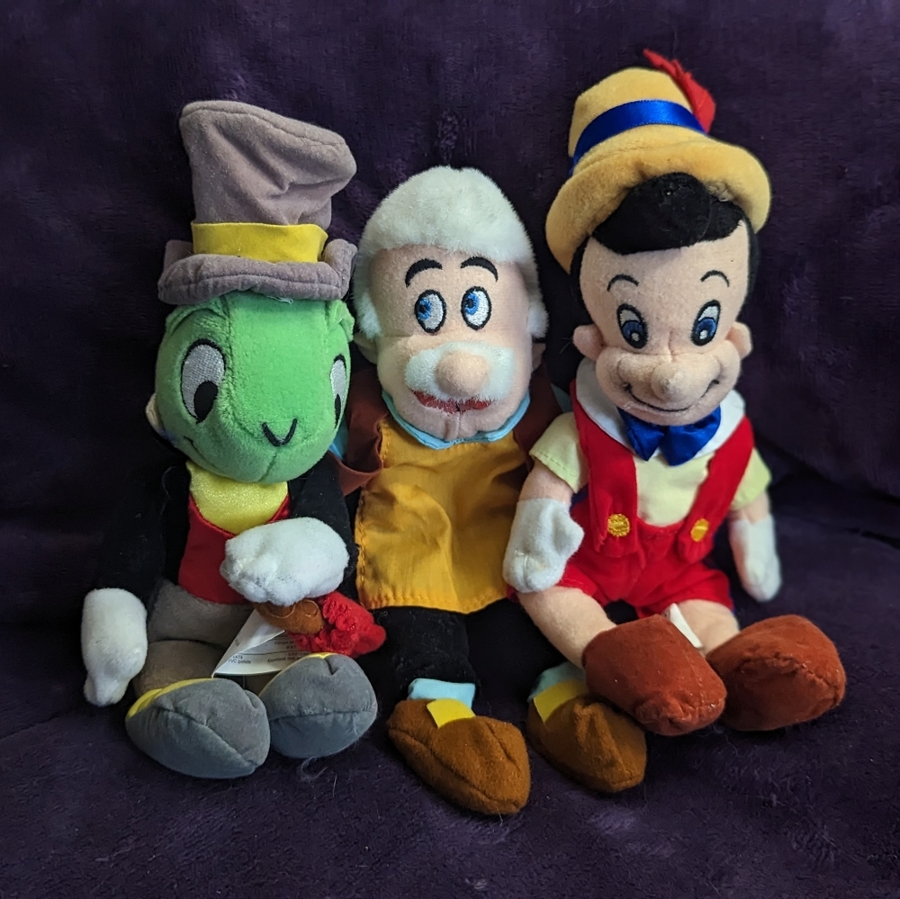 Vintage 1999 Disney Pinocchio Bean Bag plush set of 3.